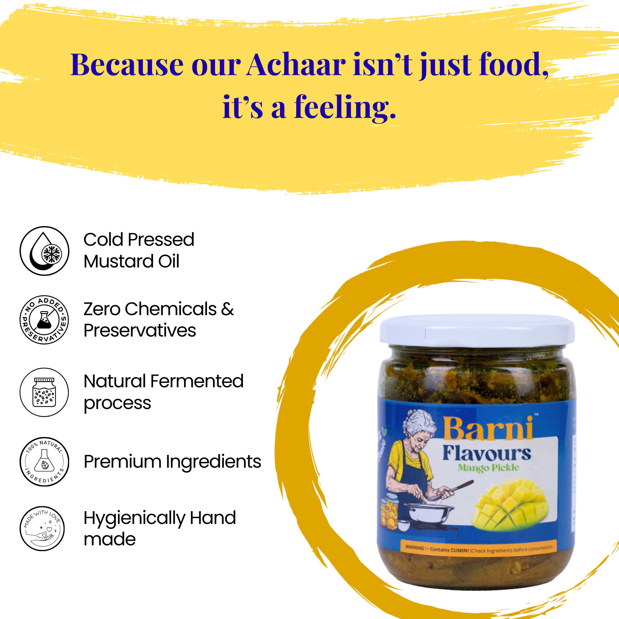 Barni Flavours Mango Pickle jar with raw mangoes, mustard seeds, and Indian spices – traditional homemade achar