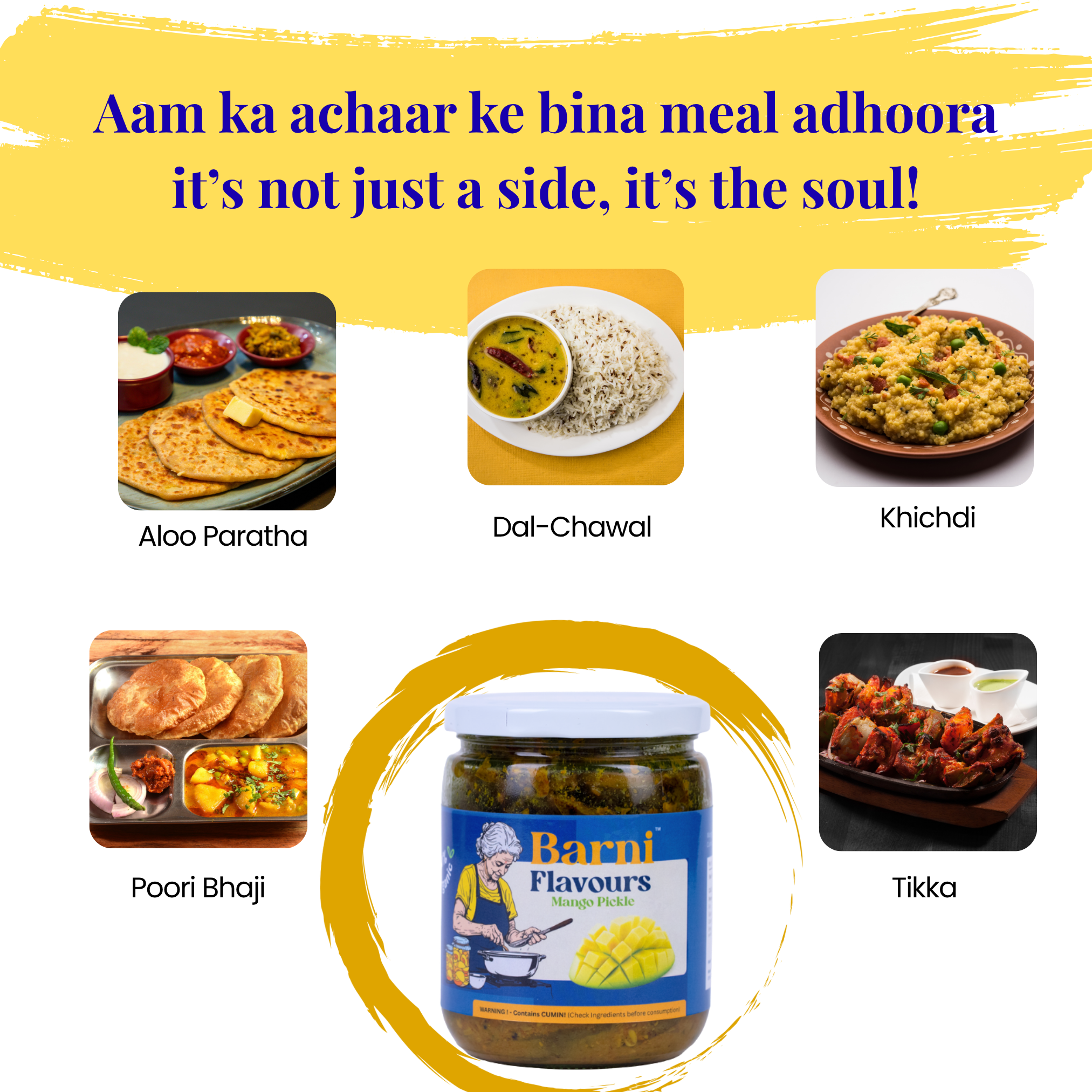 Barni Flavours Mango Pickle jar with raw mangoes, mustard seeds, and Indian spices – traditional homemade achar