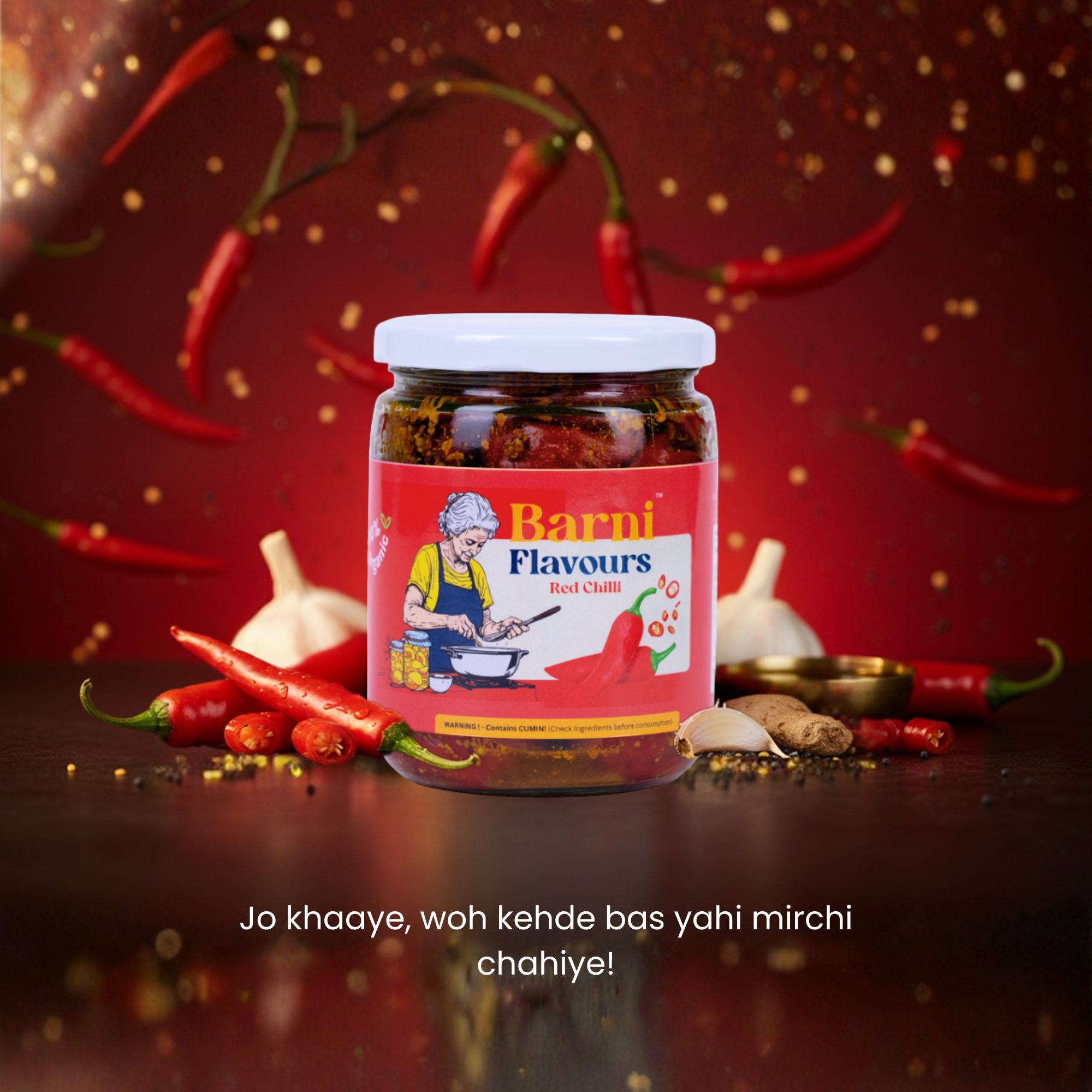 Barni Flavours Red Chilli Pickle jar with whole red chillies and mustard oil – authentic Indian achar